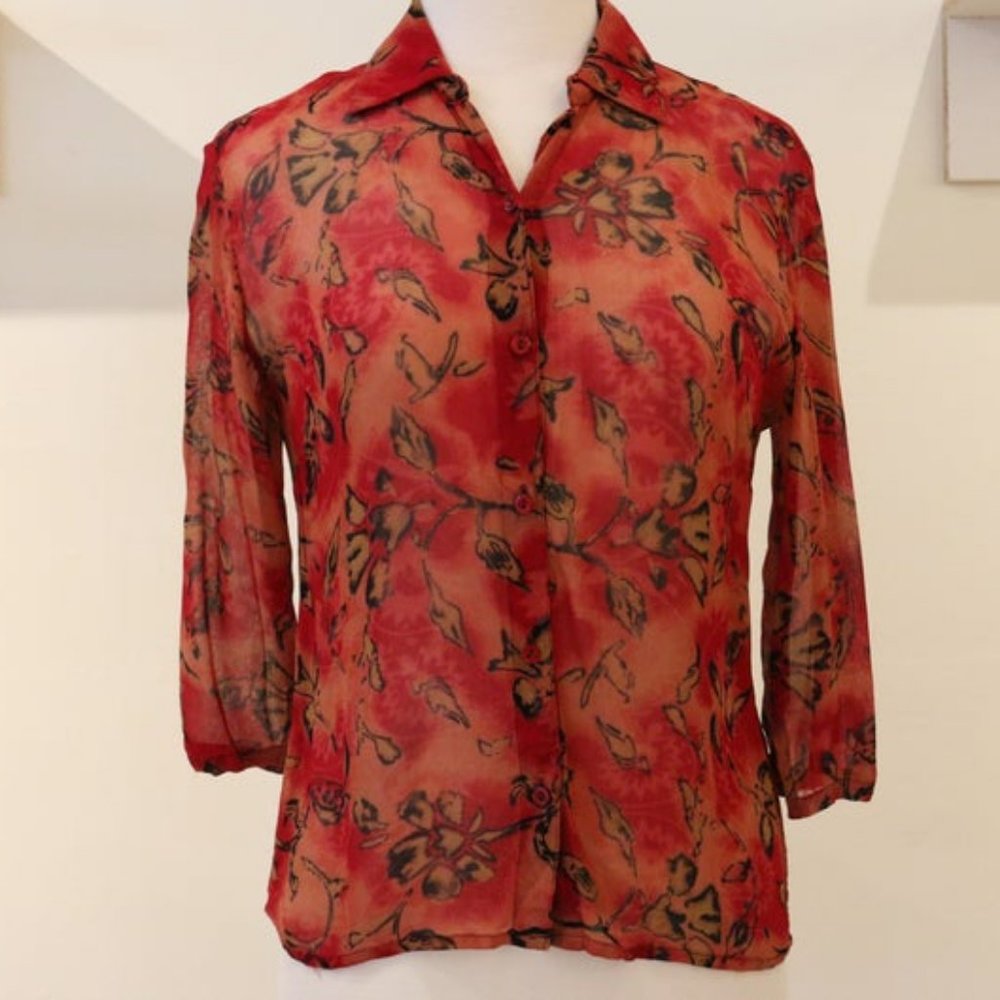 Red Micro Mesh Patterned Button Down